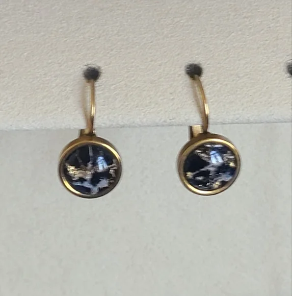 Elegant Hand Crafted Boho Black Gold Gemstone Marble Circle Drop Dangle Earrings - Picture 4 of 13